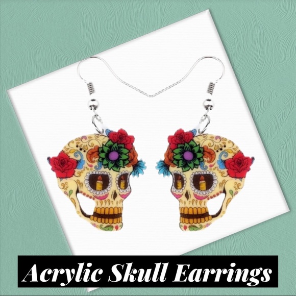 Jewelry - Floral Rose Skull Candle Eyes Acrylic Earrings